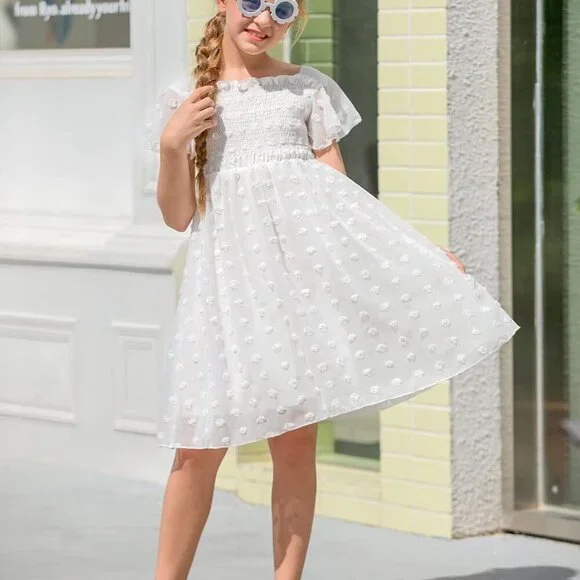 Girls White Chiffon Dress with Pom Poms & Ruffle Short Sleeve